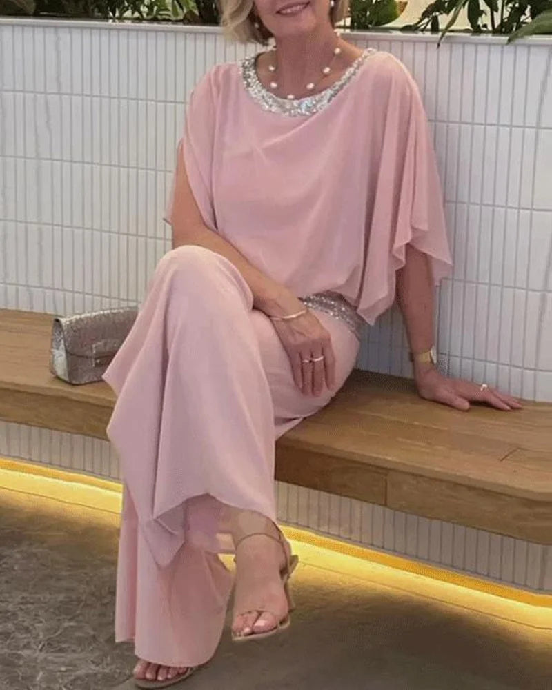 Sequin Elegant Two-piece Set Pantsuit Batwing Sleeve Women Blouse