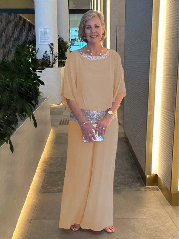 Sequin Elegant Two-piece Set Pantsuit Batwing Sleeve Women Blouse