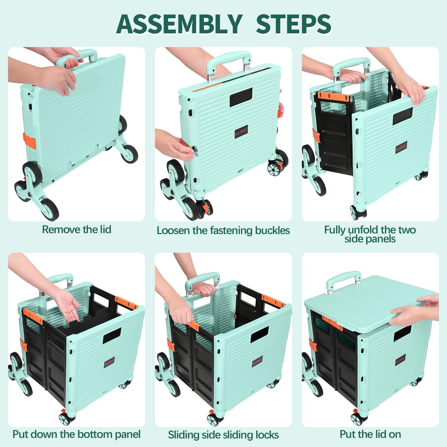 65L Collapsible Rolling Cart with Lid & Stair-Climbing Wheels