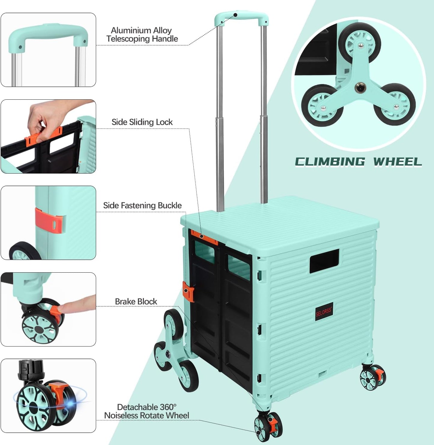 65L Collapsible Rolling Cart with Lid & Stair-Climbing Wheels