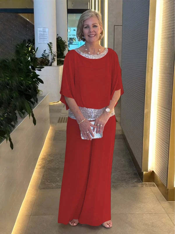 Sequin Elegant Two-piece Set Pantsuit Batwing Sleeve Women Blouse
