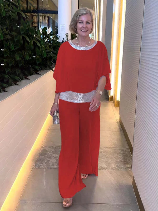 Sequin Elegant Two-piece Set Pantsuit Batwing Sleeve Women Blouse