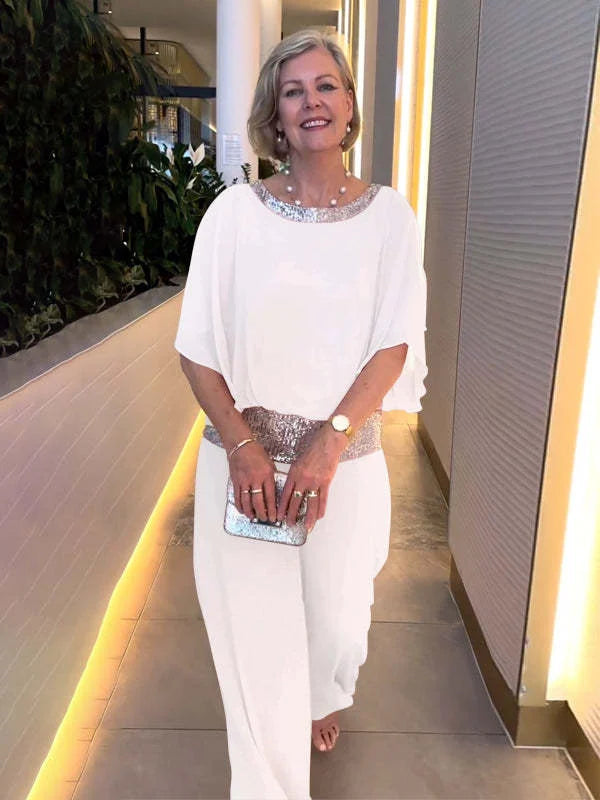 Sequin Elegant Two-piece Set Pantsuit Batwing Sleeve Women Blouse