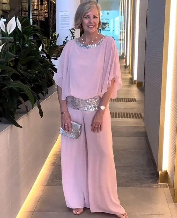 Sequin Elegant Two-piece Set Pantsuit Batwing Sleeve Women Blouse