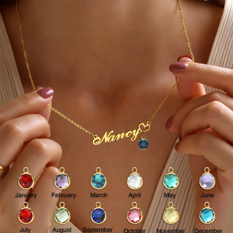Womens Name Necklaces Pendant With Birthstone, Customized Any Name, Personalized Birthday Gift