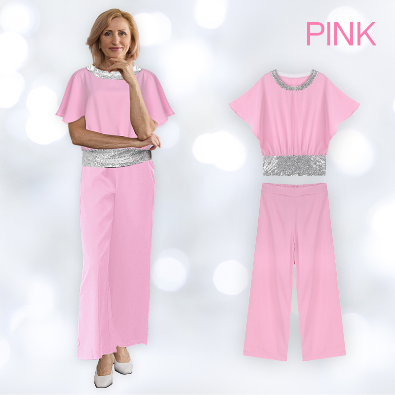 Sequin Elegant Two-piece Set Pantsuit Batwing Sleeve Women Blouse