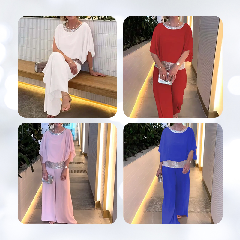 Sequin Elegant Two-piece Set Pantsuit Batwing Sleeve Women Blouse