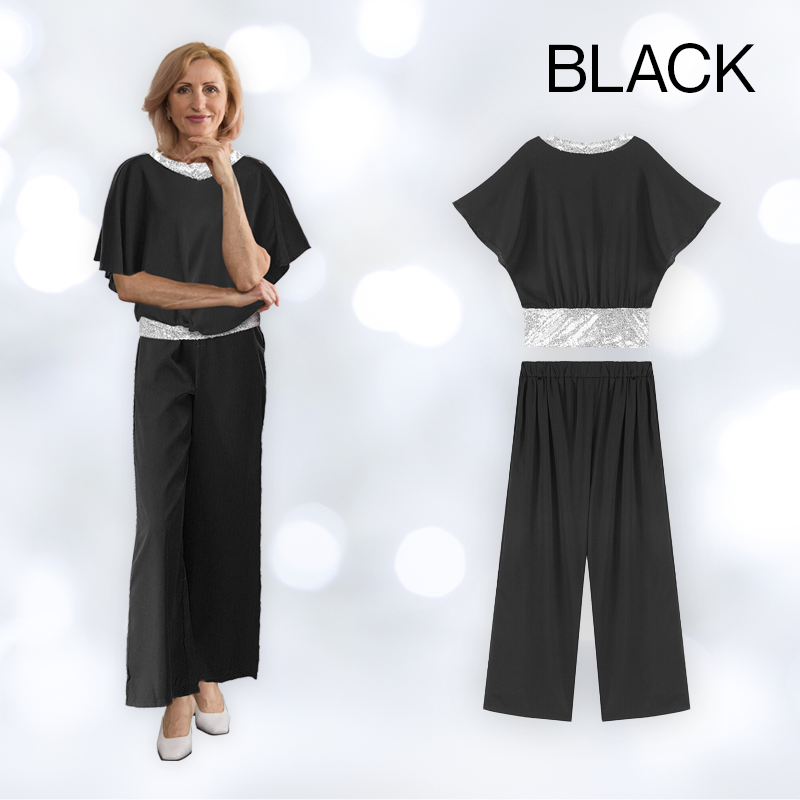 Sequin Elegant Two-piece Set Pantsuit Batwing Sleeve Women Blouse