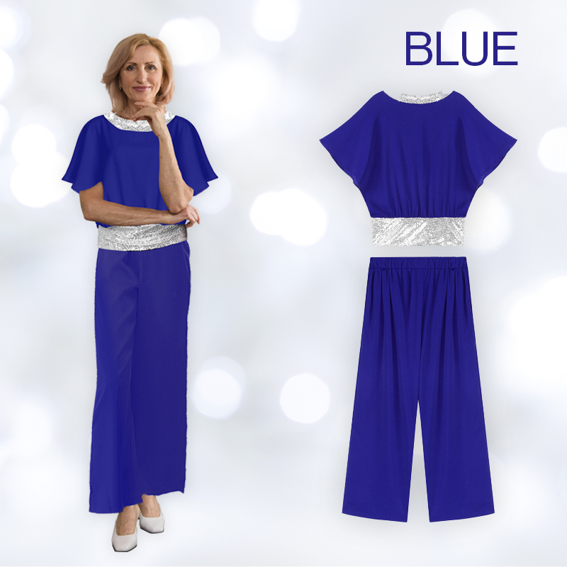 Sequin Elegant Two-piece Set Pantsuit Batwing Sleeve Women Blouse
