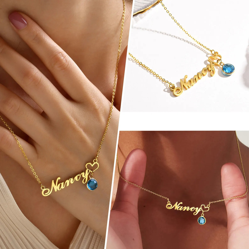 Womens Name Necklaces Pendant With Birthstone, Customized Any Name, Personalized Birthday Gift
