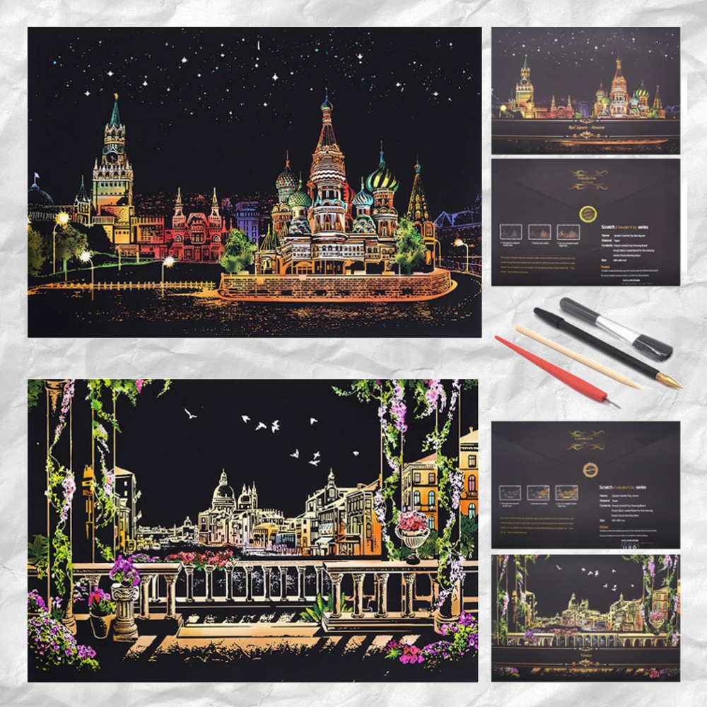 Scratch Art Painting Kits for Adults & Kids, Rainbow Painting Sketch Night View Scratchboard