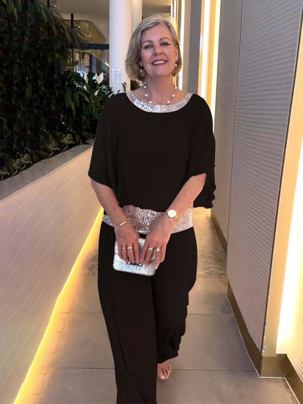 Sequin Elegant Two-piece Set Pantsuit Batwing Sleeve Women Blouse
