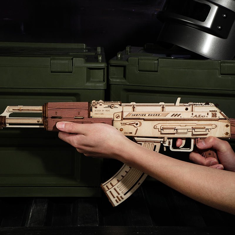 AK-47 Assault Rifle Gun Wooden Replica Rubber Band Gun Model Kit, Toys Gift for Children