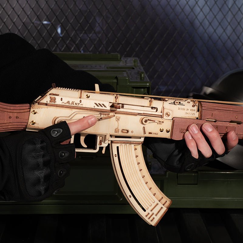 AK-47 Assault Rifle Gun Wooden Replica Rubber Band Gun Model Kit, Toys Gift for Children