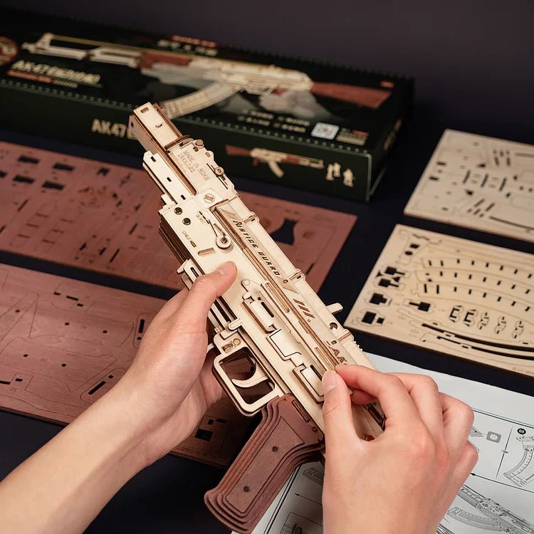 AK-47 Assault Rifle Gun Wooden Replica Rubber Band Gun Model Kit, Toys Gift for Children