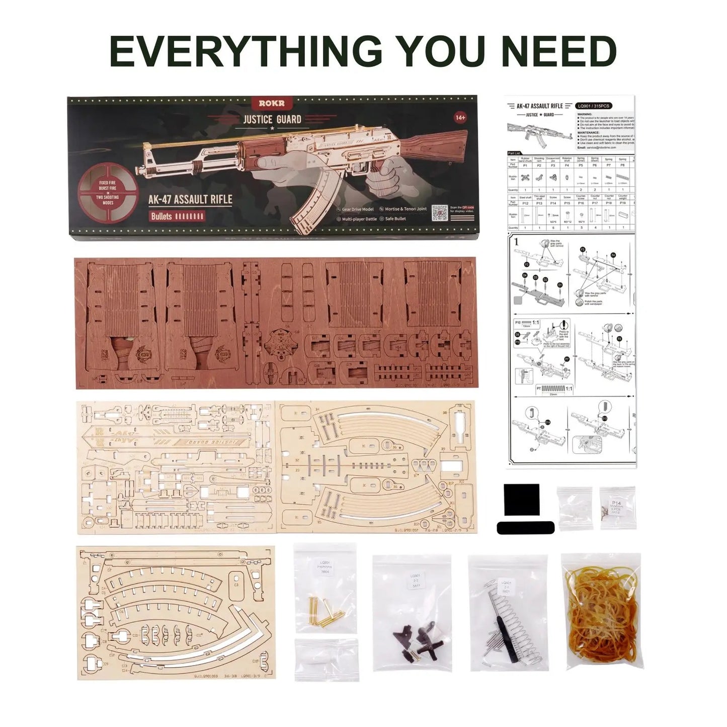 AK-47 Assault Rifle Gun Wooden Replica Rubber Band Gun Model Kit, Toys Gift for Children