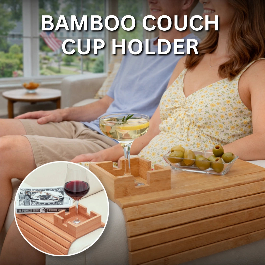Flexible Slatted Sofa Tray with Non-Slip Fit, Detachable Cup Holder Option, Eco-Friendly Durable Bamboo