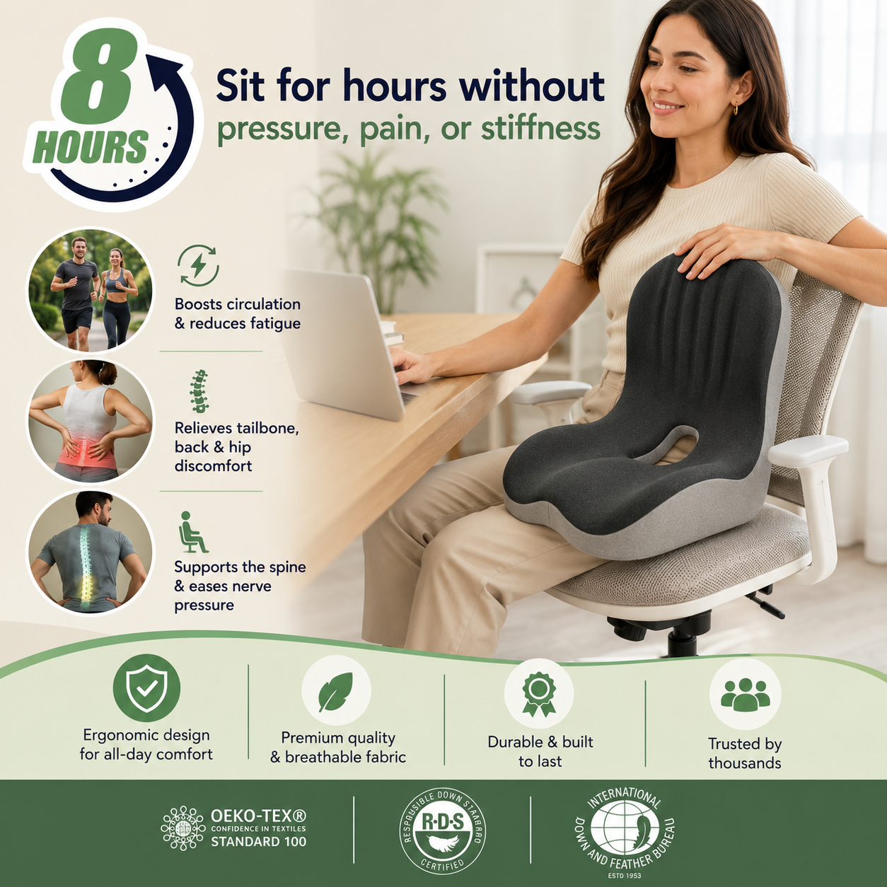 Orthopedic Seat Cushion for Back & Tailbone Support