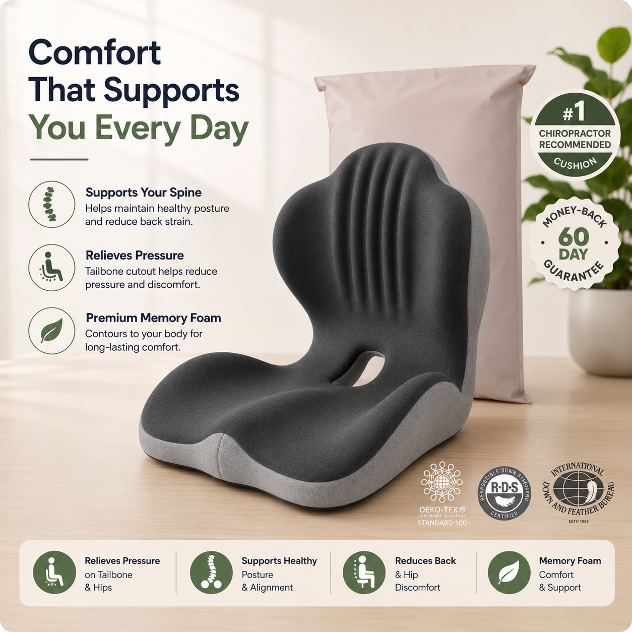 Orthopedic Seat Cushion for Back & Tailbone Support