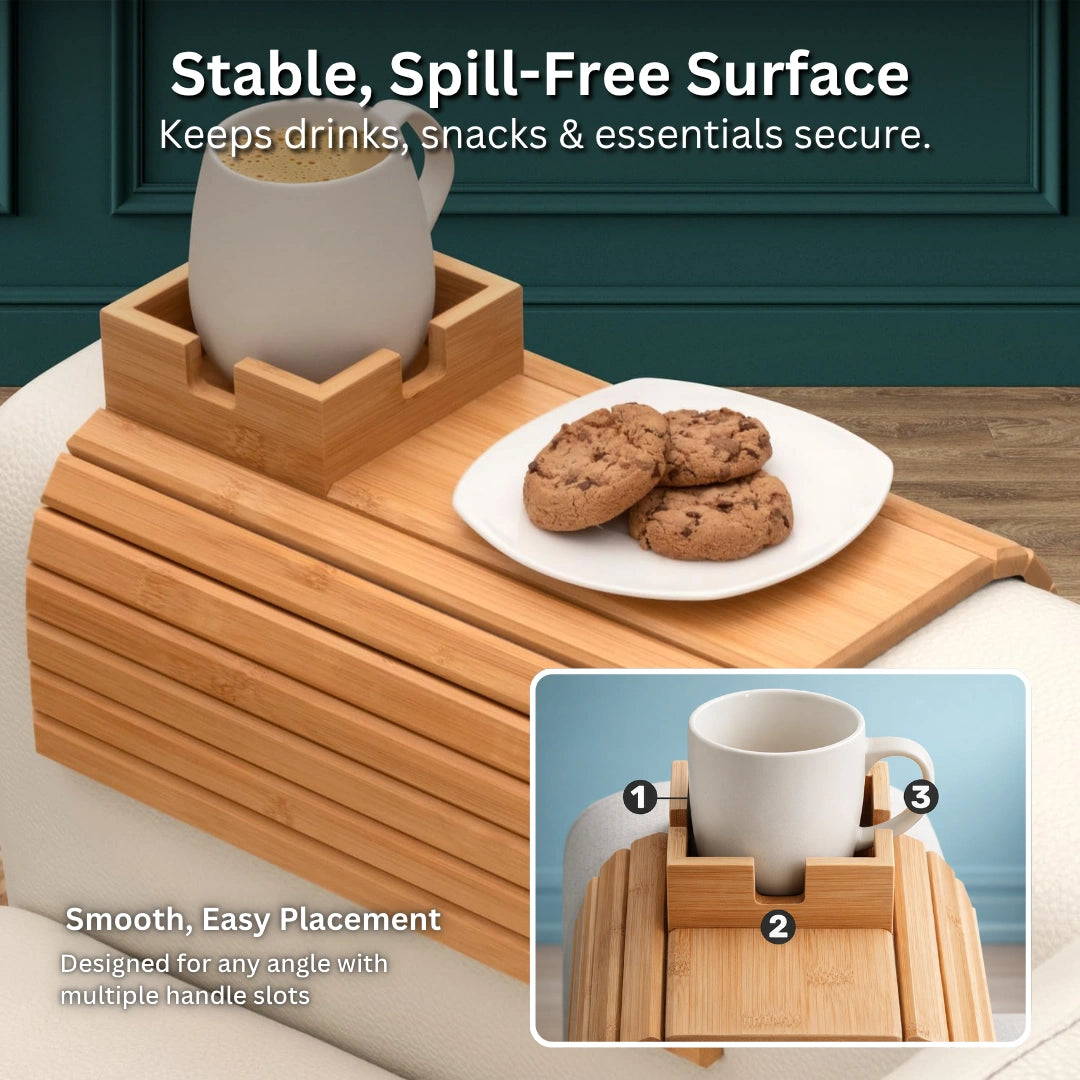 Flexible Slatted Sofa Tray with Non-Slip Fit, Detachable Cup Holder Option, Eco-Friendly Durable Bamboo
