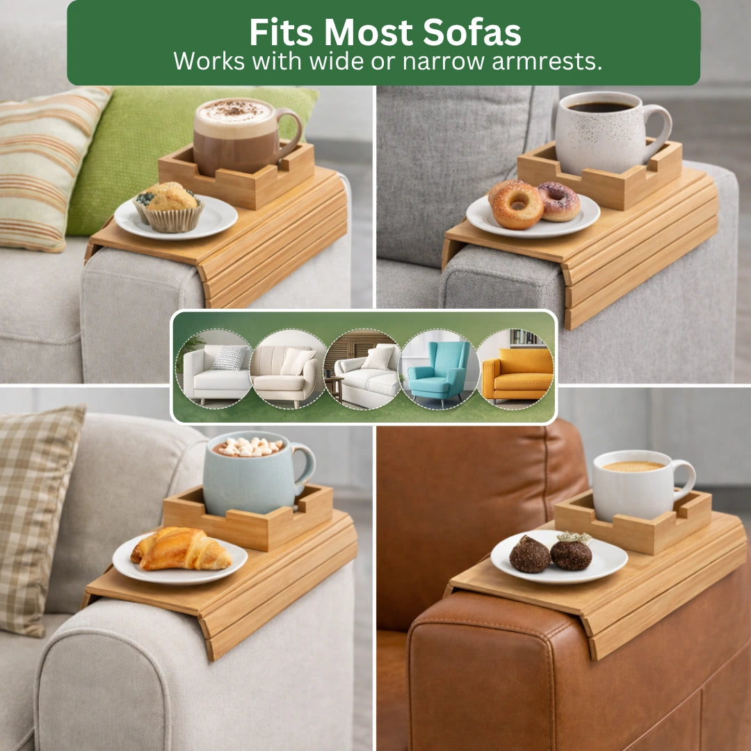 Flexible Slatted Sofa Tray with Non-Slip Fit, Detachable Cup Holder Option, Eco-Friendly Durable Bamboo