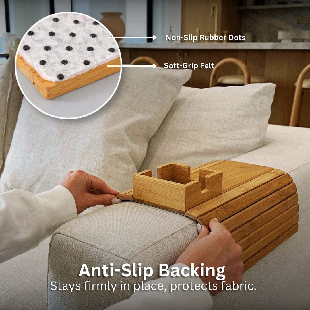 Flexible Slatted Sofa Tray with Non-Slip Fit, Detachable Cup Holder Option, Eco-Friendly Durable Bamboo