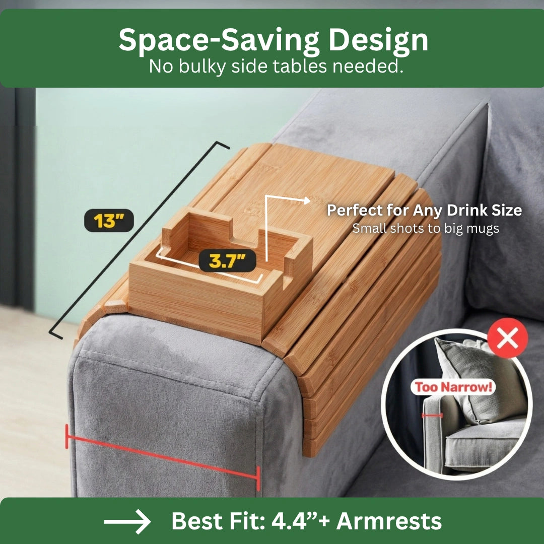 Flexible Slatted Sofa Tray with Non-Slip Fit, Detachable Cup Holder Option, Eco-Friendly Durable Bamboo