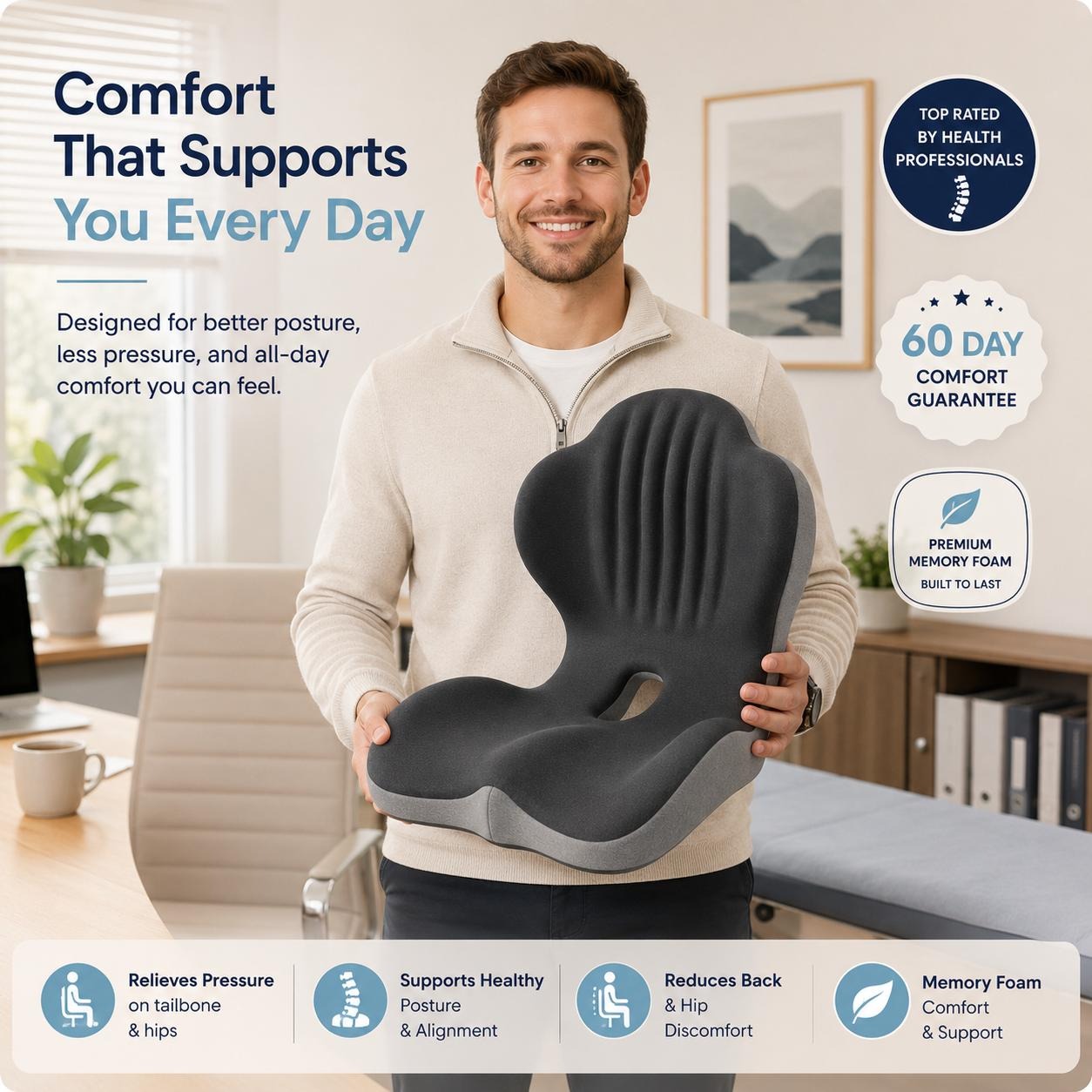 Orthopedic Seat Cushion for Back & Tailbone Support