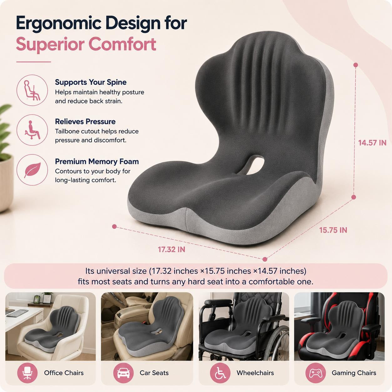 Orthopedic Seat Cushion for Back & Tailbone Support
