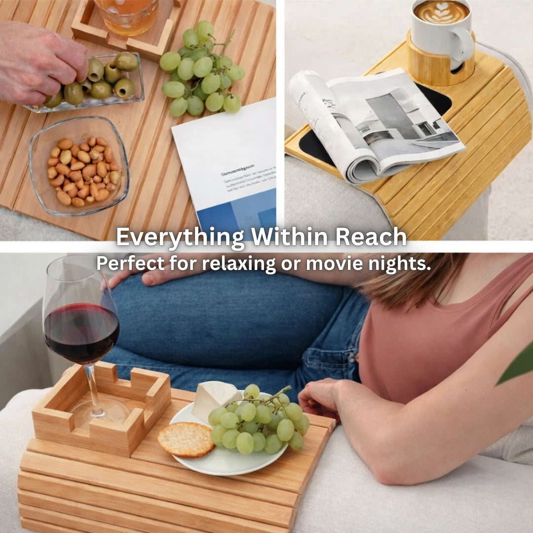 Flexible Slatted Sofa Tray with Non-Slip Fit, Detachable Cup Holder Option, Eco-Friendly Durable Bamboo