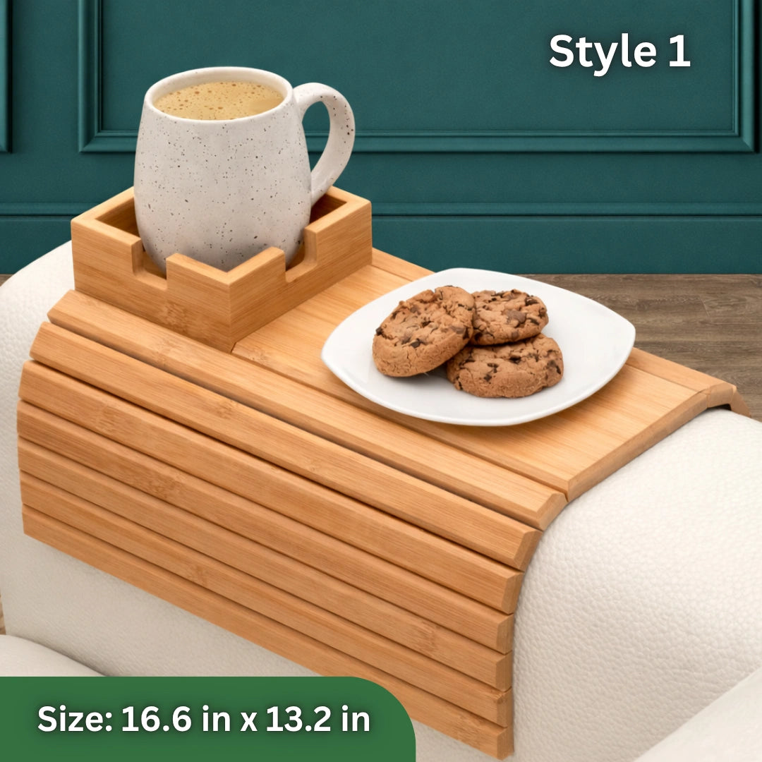 Flexible Slatted Sofa Tray with Non-Slip Fit, Detachable Cup Holder Option, Eco-Friendly Durable Bamboo