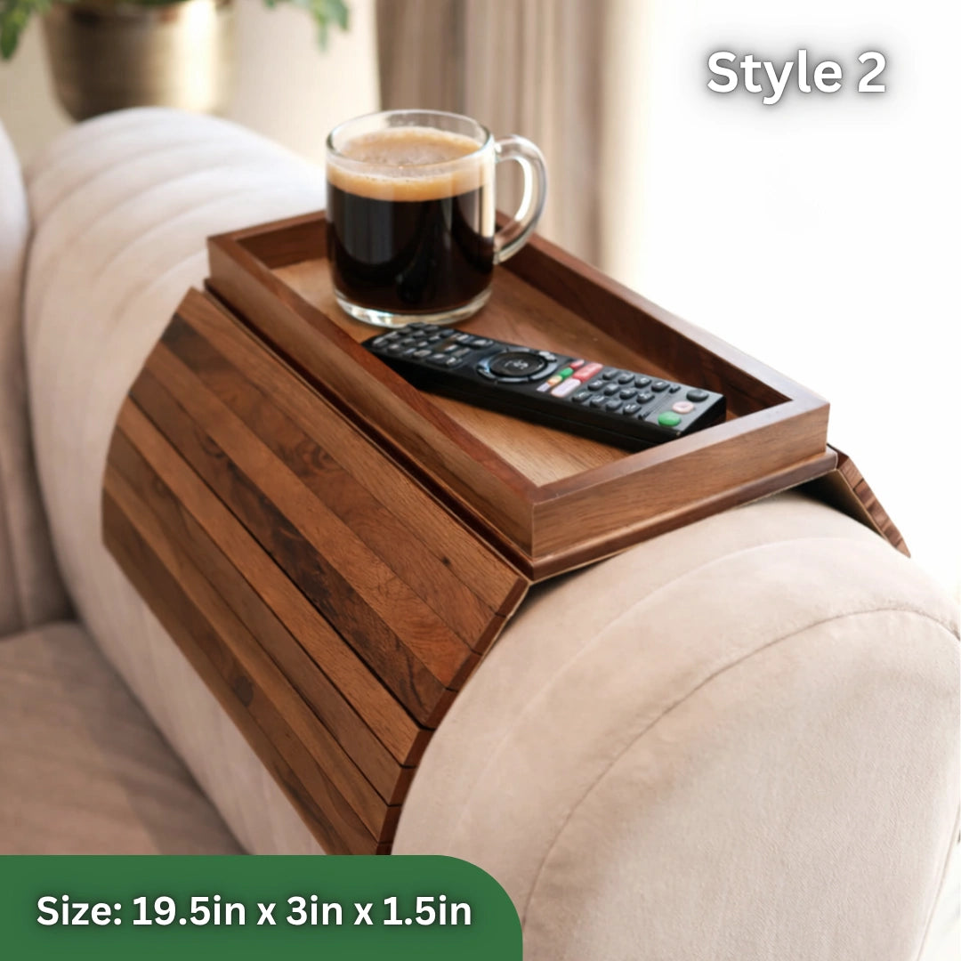 Flexible Slatted Sofa Tray with Non-Slip Fit, Detachable Cup Holder Option, Eco-Friendly Durable Bamboo
